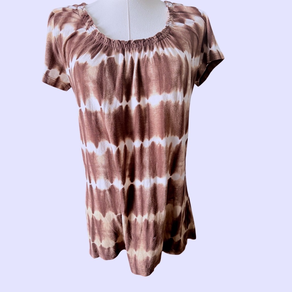 IZOD‎ Womens Brown White Tie Dye Gathered Scoop Neck Cotton T-Shirt Top Small